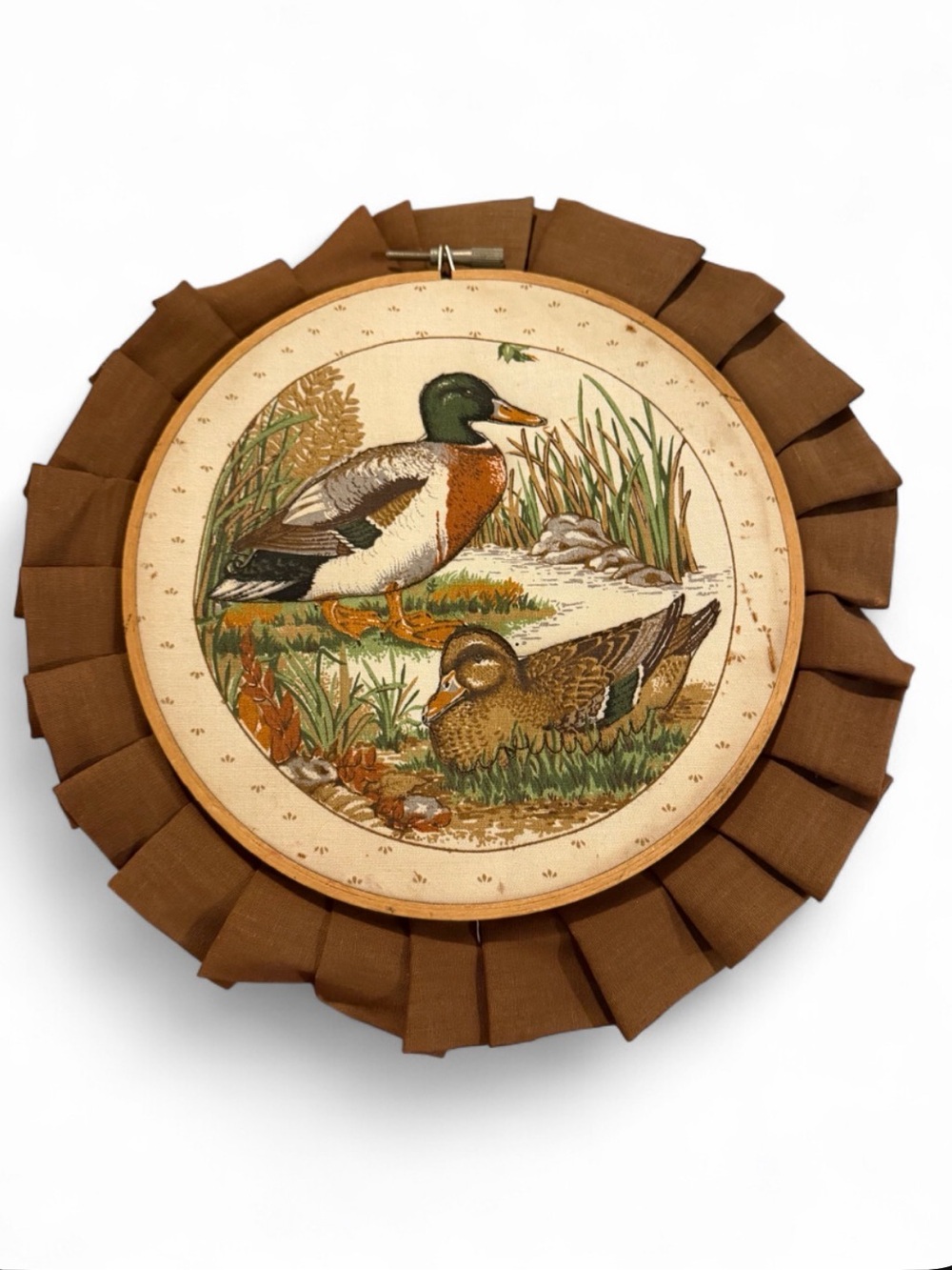 Vintage Mallard Duck Hoop Wall Hanging Fabric Panel with Brown Ruffle Frame